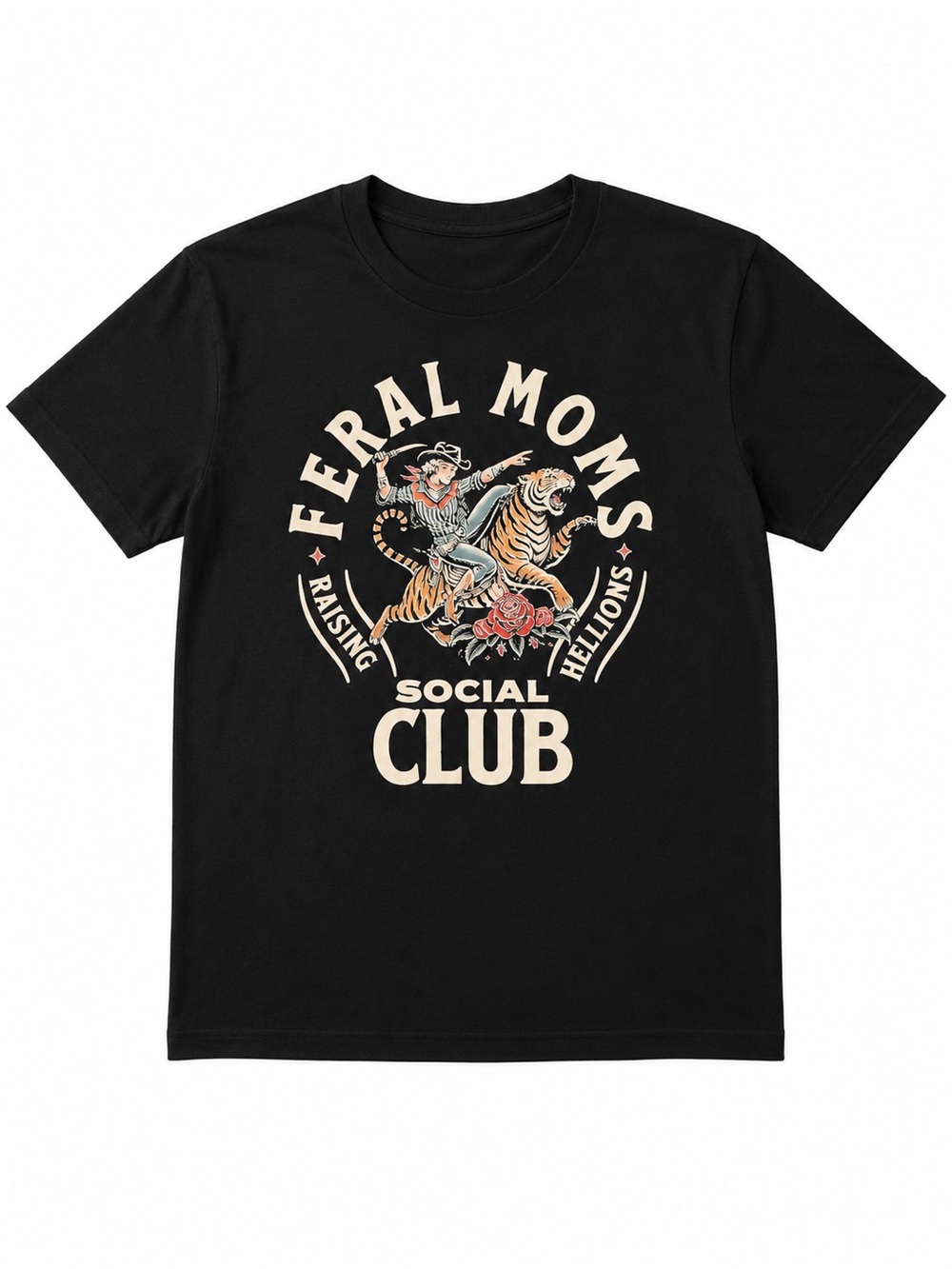 Feral Moms Social Club Black Graphic Tee - Vintage Tiger Design